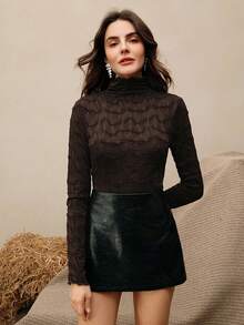 Anewsta Women's Elegant Textured Turtleneck Slim Fit Long Sleeve T-Shirt - Coffee Brown - View 6