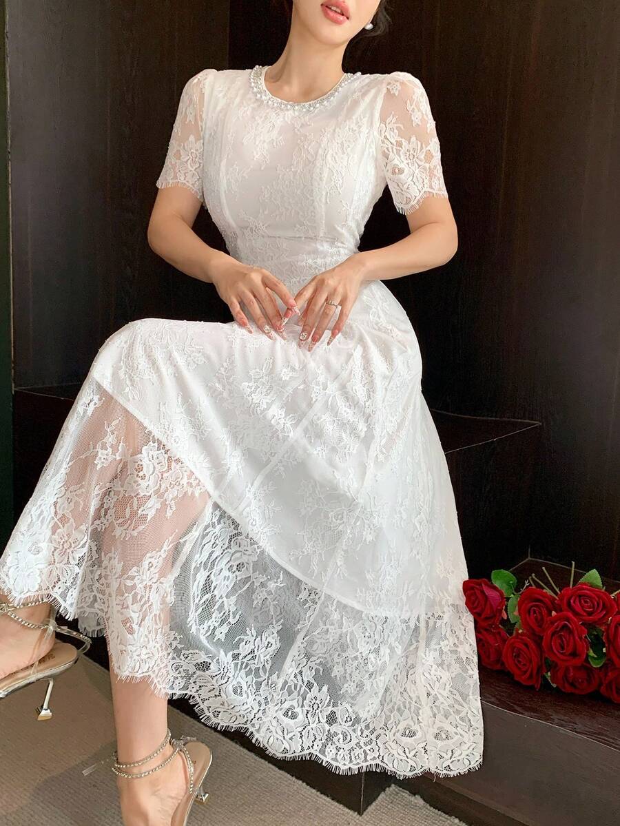 DAZY Elegant Lace Round Neck Puff Sleeve Midi Dress For Women - White - View 1