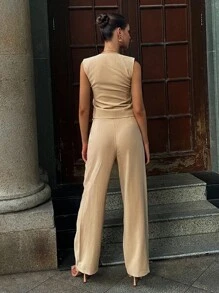 DAZY Completo da donna 2 pezzi, gilet e pantaloni in stile minimalista - Cachi - Visualizzare 3