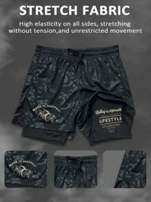 Manfinity Sport Corelite 男士字母印花抽绳腰运动短裤 - 黑色 - 查看 5