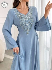 Al Najma 女式 V 领长袖宽松系带朴素连衣裙