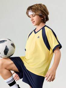 Back To School Tween Boy Outdoor Sports T-Shirt And Shorts Set, Children V-Neck Contrast Color Professional Outdoor Sports Jersey T-Shirt And Shorts Set - Multicolor - View 4