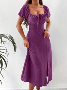 EURMUSE Women's Solid Color Square Neck Short Puff Sleeve Front Tie Side Slit Hem Elegant Dress - Violet Purple - View 3