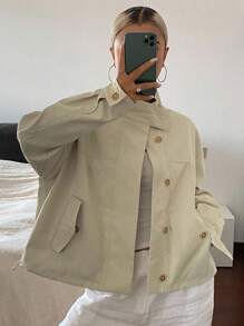 DAZY 女士休闲实用风格立领宽松短款街头风衣女夹克，秋季女装 - 卡其色 - 查看 2