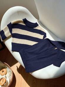 SHEIN 2pcs Baby Boy/Girl Navy And White Striped Sweater And Pants Set,Vintage British Style Raglan Outfit For Matching Family,Modest Casual Autumn Clothes - Multicolor - View 3