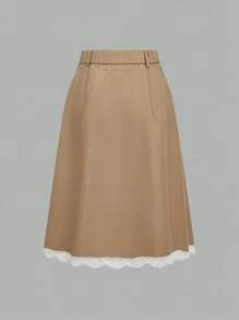 SHEIN MOD 秋冬女士蕾丝拼布夹克和裙装套装 - 卡其色 - 查看 7