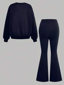 SHEIN Girlism 少女蓝色/秋/冬/针织休闲宽松爱心印花卫衣和喇叭裤两件套 - 藏蓝色 - 查看 2