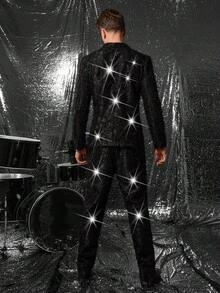 FeverCity Summer Men's Personalized Cut-Out Shiny Long Sleeve Suit Jacket And Pants Set, Party Occasion - Black - View 2