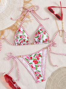 Swim Mod Women's Summer Beach Music Festival Lemon Stripe Pattern Printed Backless Knot Metal Jewelry Cute Vacation Style Bikini Set - Multicolor - View 3