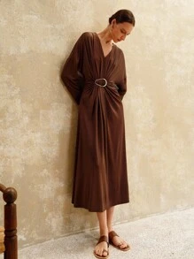 Revavyn Revavyn Women's Elegant Coffee Brown Autumn V-Neck Ruched Metal Button Waist Cinched Long Sleeve Maxi Dress,Urban Chic Brunch Outfits Maillard Style Clothes - Brown - View 6
