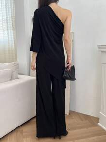 DAZY 女士优雅通勤纯色斜肩T恤和裤子两件套休闲套装 - 黑色 - 查看 3