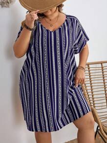 SHEIN CURVE+ Plus Size Music Festival Striped Short Sleeve Dress, Fall,Fall Dresses For Women - Blue - View 6
