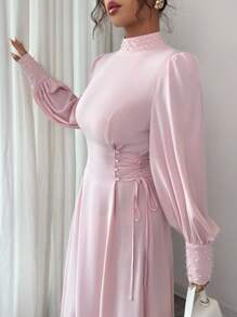 Elenzga Váy midi cổ cao tối giản thanh lịch dành cho nữ, phù hợp mặc đi làm, đi nghỉ, đi biển, trà chiều, tiệc tùng, cổ điển, giáo viên, màu trơn, màu tương phản, trang trí ngọc trai, thắt eo bên hông, tay áo loe hình lồng đèn, dáng chữ A, xuân/thu/đông - Hồng - Xem 7