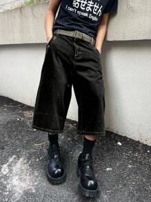 Claim Dot Men's Loose Fit Pocketed Wide Leg Casual Denim Shorts Washed Loose Wide Leg Denim Shorts