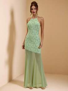 SHEIN BAE Đầm hở lưng lưới đan họa tiết màu xanh lá cây cho nữ, Đầm gợi cảm, Đầm ngày lễ, Thích hợp cho tiệc tùng, những dịp trang trọng vào mùa xuân/hè - màu xanh lá - Xem 6