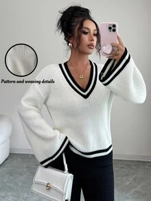Elenzga Women's V-Neck Contrast Color Flare Sleeve Casual Versatile Holiday Elegant Knit Sweater Top, Suitable For Spring, Autumn And Winter - Apricot - View 1
