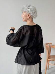 FRIFUL 女士宽松 V 领灯笼袖雪纺腰收腰休闲纯色长袖衬衫，秋季舒适 - 黑色 - 查看 5