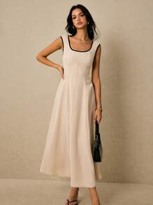 Poéselle 亚麻连衣裙，撞色下摆中长连衣裙，大方领连衣裙，婚礼宾客女士礼服，教师服装，撞色滚边方领中长连衣裙 | 米色无袖A字针织连衣裙，商务休闲女士，女士方领短袖休闲连衣裙，方领连衣裙，撞色滚边连衣裙，米色中长连衣裙，简约连衣裙，胶囊衣橱连衣裙 - 卡其色 - 查看 9