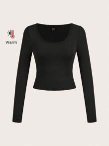 SHEIN EZwear 1 件女士休闲简约圆领黑色打底紧身保暖内衬长袖 T 恤，适合秋冬季 - 黑色 - 查看 6