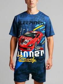 Men's Jumpsuit Pajamas, Red Sports Car Element, Navy Blue & Dark Grey Accents, Vibrant Design Highlighting Active Personalized, Short Sleeve & Shorts, Comfortable For Summer - Multicolor - View 8