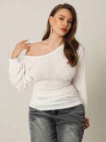 Auralis Plus Size Fall Women Clothes Teacher For Women ,Business Casual Woman, Women's Solid Color Pleated Asymmetrical Shoulder White See, Through Casual Long Sleeved T-Shirt, Back To School, Y2k, Cute Tops, Going Out Tops Women, Office For Women,Y2k Clothes, Gym Tops, Work For Women, Work Clothes Women, Streetwear, White For Women, Basic Tops, Oversized Women T Shirts, Teacher ,Tops For School, Airport For Women Casual Top