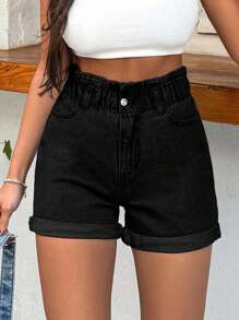 EURMUSE 100%Cotton Rigid, Elastic Band Detailed Shorts - Black - View 3