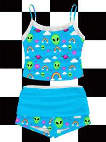 Y2Kool ThisUniqueVibe 蓝色、霓虹绿、色块、彩虹、星球、云朵、外星人、坏人、Y2K、街头风格女士蕾丝拼布两件套，适合夏季、秋季、度假、聚会、派对、日常穿着，适合外出