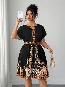 Elenzga 大码女式简约优雅黑色印花连衣裙