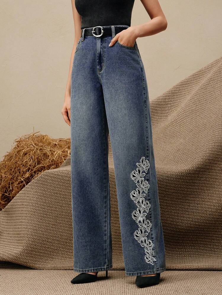 New European Style Embroidered Wide Leg Jeans, Loose & Slimming Wide Leg Denim Pants For Women