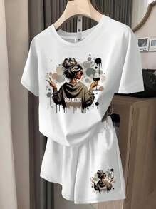 2pcs Set Women Dramatic Sarcasm Slogan Funny Graphic Print Casual Outfit, Suitable For Daily Wear