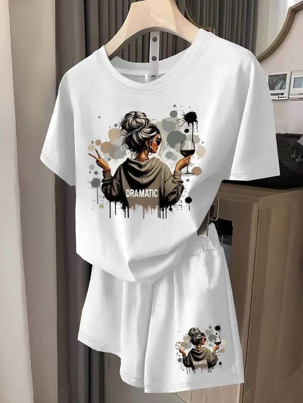 2pcs Set Women Dramatic Sarcasm Slogan Funny Graphic Print Casual Outfit, Suitable For Daily Wear