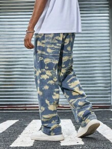 Manfinity EMRG Jeans rectos de pierna ancha con estampado amarillo, de corte casual para hombre, para primavera/verano - Azul - Ver 2
