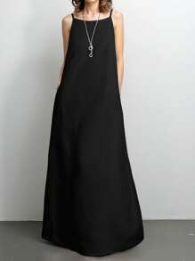 INAWLY Váy túi dây mảnh màu trơn đơn giản, phong cách tối giản, lãng mạn, dành cho nữ, cỡ lớn - màu đen - Xem 2