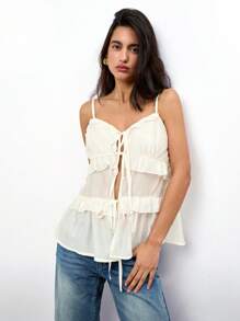 Maija Women's Boho Woven Fabric Cami Top With Ruffle Hem And Tie Front Detail - Apricot - View 6
