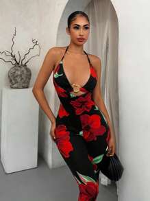 SHEIN SXY 女士优雅花卉印花金属扣吊带上衣和长裤两件套