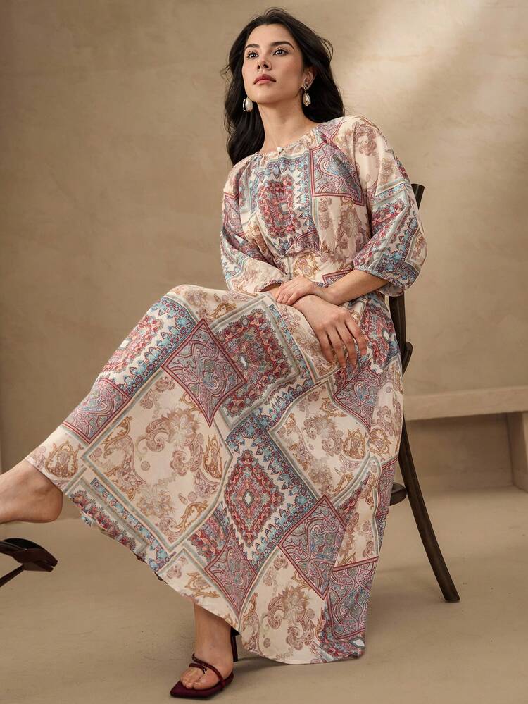 Women's Mid-Length Floral Print Round Neck Dress, Summer Maxi Dress Boho