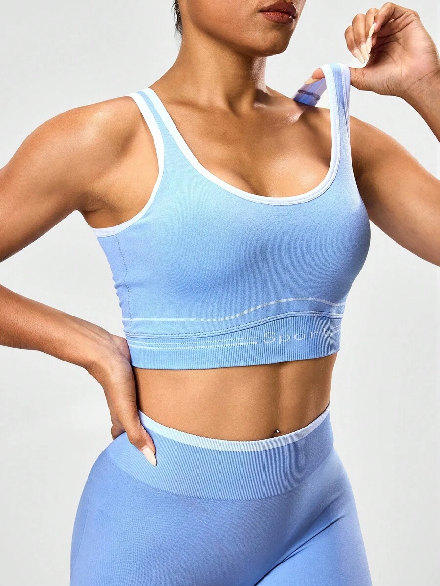 SHEIN Sports Women's Ribbed Trim Everyday Fitness Sports Bra - Blue - View 1