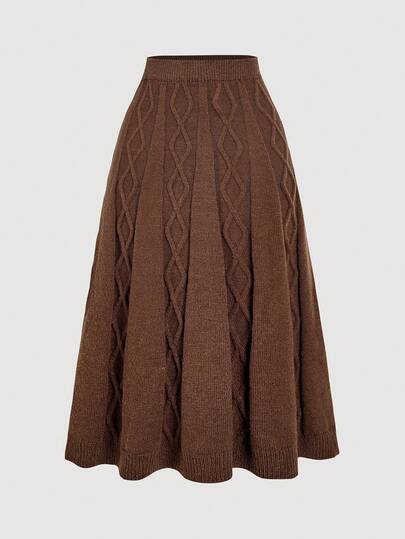 SHEIN MOD High Waist Cable Knit Coffee Color Versatile Skirt, Autumn/Winter, High-Waisted, Linen Pattern, Coffee Color, Autumn And Winter Woolen Fabric, Versatile Skirt, Fall, Boho Skirt, Elastic, A-Line, Umbrella Hem, Knitted Long Skirt, Retro, Vintage