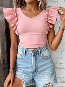 Blusa tejida elegante de cuello en V rosa con mangas con volantes, lazo en la espalda, blusa ajustada corta, versátil y práctica, se puede combinar con faldas, pantalones acampanados, pantalones de pierna ancha, pantalones pitillo, shorts para adolescentes - Rosa - Ver 2