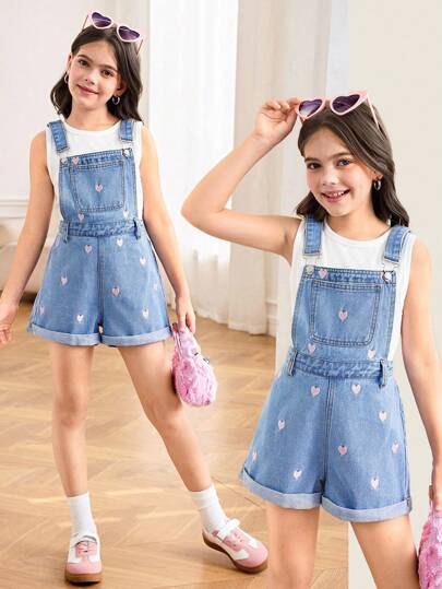 SHEIN 青少年女孩春夏休闲轻盈洗水休闲心形刺绣可爱宽松牛仔连体裤工装短裤（不含背心）适合青少年女孩夏季服装、女孩夏季海滩波西米亚风度假短裤、夏季音乐会节日休闲狂欢装