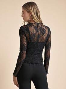 Amorya Femme Élégante Blouse Ajustée à Manches Longues en Maille Transparente