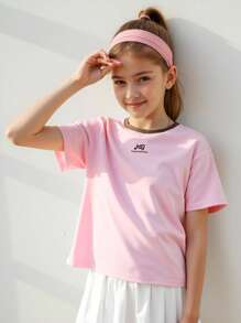JNSQ Ropa de vuelta a la escuela, camiseta suelta informal y deportiva con estampado de letras divertidas y contraste de colores para niñas preadolescentes, camiseta suelta informal y deportiva con cuello redondo y parches para niños - Rosa - Ver 1