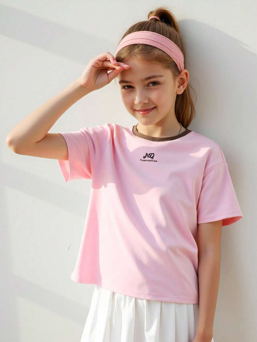JNSQ Ropa de vuelta a la escuela, camiseta suelta informal y deportiva con estampado de letras divertidas y contraste de colores para niñas preadolescentes, camiseta suelta informal y deportiva con cuello redondo y parches para niños - Rosa - Ver 1