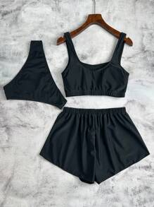 SHEIN 3pcs/Set Solid Color Side Knot High Cut Thong Bikini Swimsuit Set For Women, Beach & Resort For Summer Beach Vacation