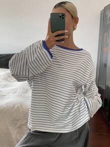 DAZY 拼色条纹露肩宽松长袖休闲街头风格上衣 T 恤，适合秋季女装 - 白色 - 查看 3