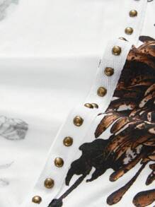 ROMWE Grunge Punk 复古 Y2K 别致铆钉复古虎头与花卉艺伎印花水钻性感深垂领女式无袖背心 - 白色 - 查看 4