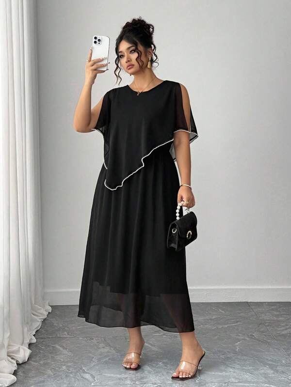 Cravure Elegant Dress With Elastic Waist, Fashion Fabric, Round Neck, Black, Plus Size, Suitable For Spring, Summer, Autumn