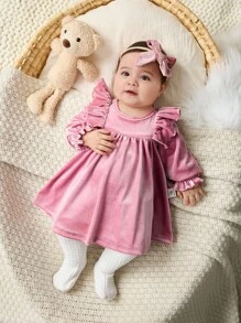 SHEIN 新生女婴优雅可爱天鹅绒荷叶边长袖连衣裙 - 淺粉色 - 查看 4