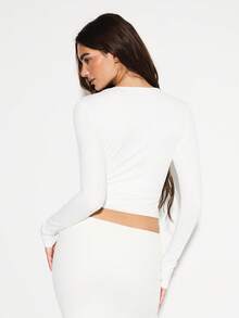 KIZN Long Sleeve Keyhole Cutout Crop Top With Gold Buckle Waist Fashion Statement Winter Fall Party Club Evening