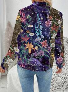 SHEIN LUNE Women's Casual Zipper Floral Print Baseball Jacket, Suitable For Autumn/Winter - Multicolor - View 2
